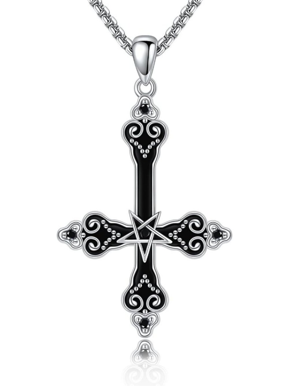 Gothic Cross & Pentagram Necklace for Women - Sterling Silver Black Jewelry